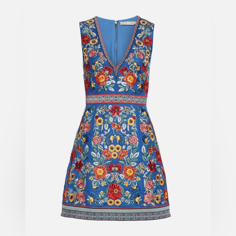 Alice + Olivia Patty Embellished Mini A-Line Dress Floral Embroidered Riviera